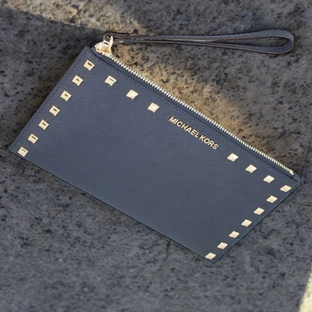 MICHAEL KORS Large Zip Stud Wristlet Saffiano Sandrine / Deep Blue - Picture 5 of 5